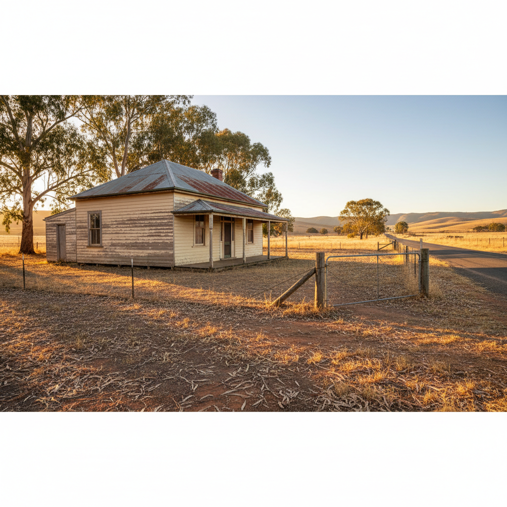 An old Australian weatherboard house on a quiet rural road, painted in faded cream with a corrugated iron roof showing patches of rust, representing an early Stackpole or Rebbechi family home. A narrow verandah with simple wooden posts runs along the front, overlooking a dry, sun-bleached yard scattered with eucalyptus leaves and an old wire gate standing slightly ajar. Soft golden-hour sunlight bathes the facade, warming the peeling paint and casting long, graceful shadows from the trees. Photographed from a three-quarter angle at eye level, the composition includes a wide view of the house and surrounding landscape, with crisp detail throughout. The mood is nostalgic and serene, suggesting enduring family roots and lived-in history in a clean, realistic photographic style.