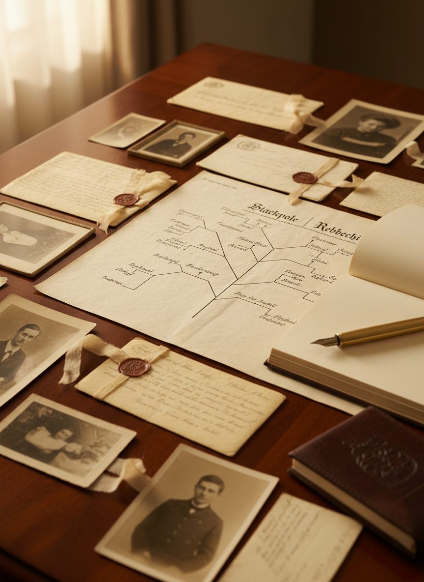 A meticulously arranged collection of aged family documents spread across a polished dark-wood table, including sepia-toned photographs, handwritten letters, and a carefully unfolded genealogical chart showing the Stackpole and Rebbechi surnames. A leather-bound notebook lies open with a brass fountain pen resting diagonally across its blank page. Soft afternoon light enters from an unseen window to the left, creating gentle highlights on the glossy photo surfaces and subtle shadows along the paper edges. Shot from a slightly elevated angle with a shallow depth of field, the focus is on the central chart while the surrounding objects blur softly. The mood is reflective and sophisticated, evoking careful research and preserved memory in a clean, photographic realism style.