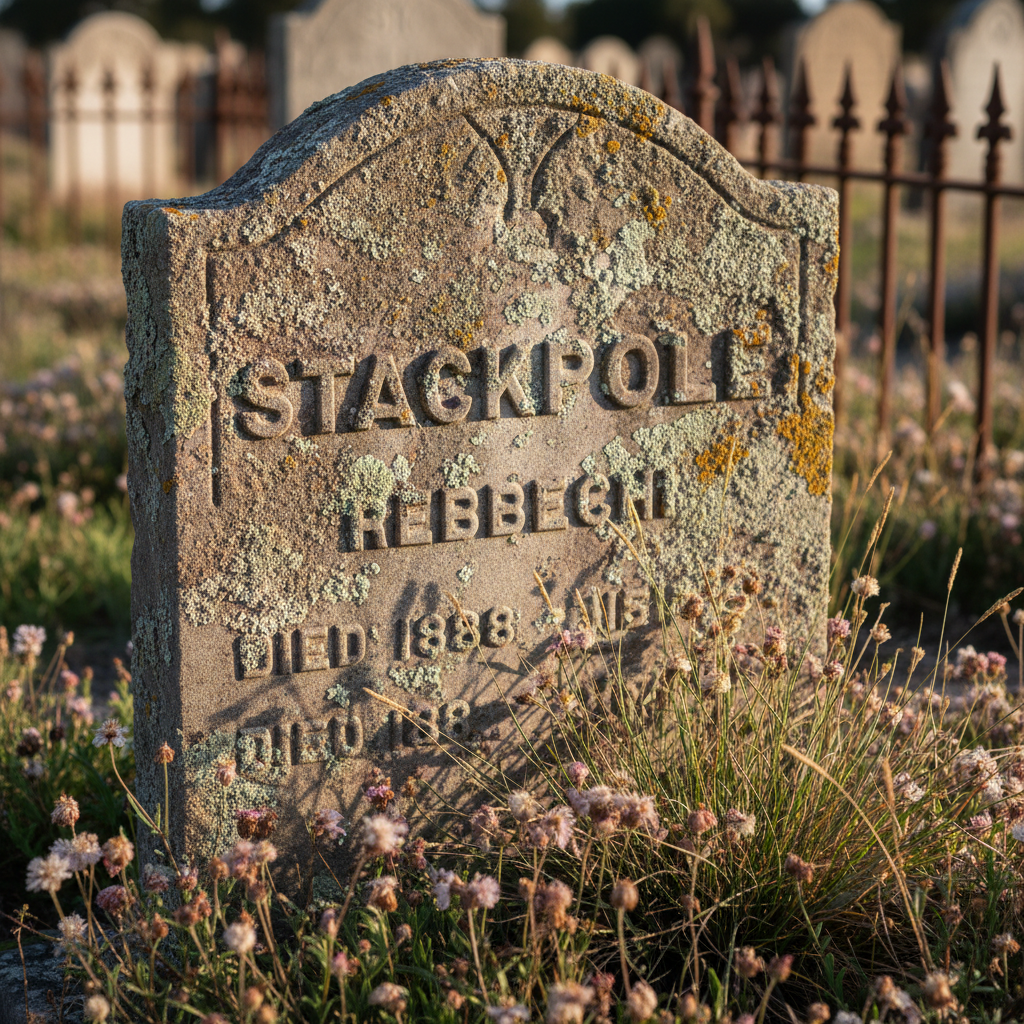 A close-up photographic view of a weathered sandstone headstone in an old Australian cemetery, its carved family surname just legible beneath lichen and age-softened edges. At the base, native grasses and small wildflowers grow in muted greens and dusty pinks, hinting at seasons passed. In the softly blurred background, other headstones and an iron fence suggest a larger burial ground connected to Stackpole or Rebbechi ancestors. Early morning light from the right creates delicate highlights along the stone carvings and casts a gentle shadow across the engraved dates. The composition is low and intimate, with the inscription framed by natural foliage, using a shallow depth of field. The mood is contemplative yet dignified, supporting a sophisticated genealogical narrative in photographic realism.