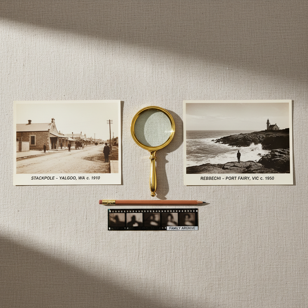 A carefully arranged flat-lay of two contrasting photographic prints on a linen-covered table: one an early 20th-century sepia streetscape of an Australian town important to the Stackpole family, the other a mid-century black-and-white coastal scene linked to the Rebbechi line. Between them lies a small brass magnifying glass, an archival pencil, and a strip of labeled negative film. Gentle side lighting from a nearby window creates soft highlights on the glossy photo surfaces and subtle shadows along the textured linen. Shot perfectly overhead for a balanced, symmetrical composition, every element appears crisp and intentional. The mood is analytical yet warm, emphasizing the comparison of eras and branches within one family history, rendered in sophisticated, high-resolution photographic realism.