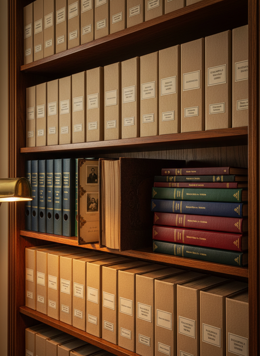 An elegant wooden bookshelf filled with neatly labeled archival boxes, acid-free binders, and carefully stacked photo albums, each spine embossed with years and place names linked to the Stackpole and Rebbechi families in Australia. On one shelf, a single album is pulled halfway out, revealing thick, cream-colored pages with photo corners securing tiny sepia prints. Warm, directional lamplight from a brass desk lamp outside the frame casts a golden glow over the scene, creating long, refined shadows between shelves. Shot at a slight angle down the length of the bookshelf, the composition emphasizes depth and order, with sharp focus throughout. The mood is calm, methodical, and sophisticated, conveying a carefully curated family archive in realistic, high-resolution photographic style.