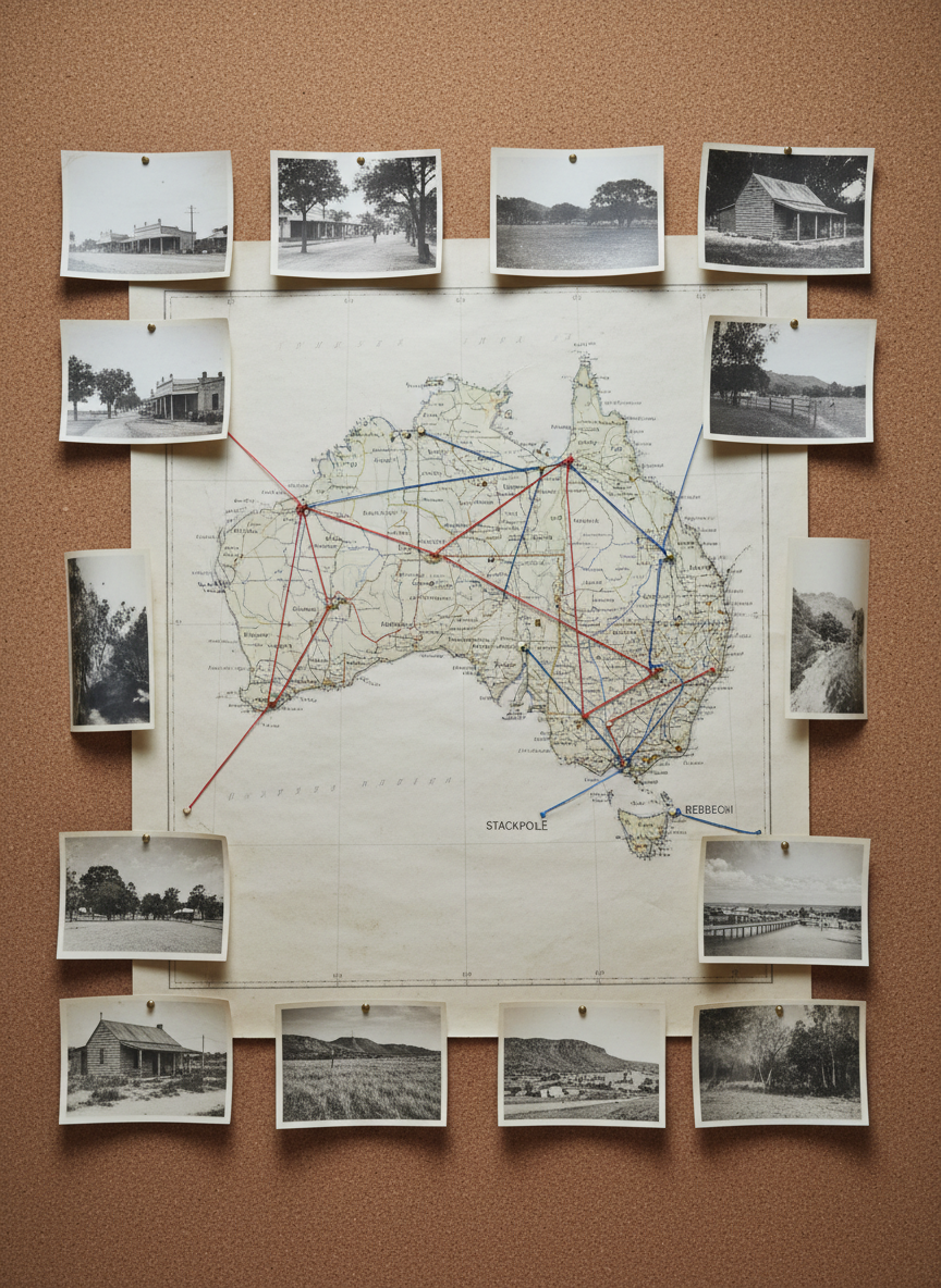 A large archival-quality map of Australia pinned flat on a vintage corkboard, with slender brass pins and cotton strings tracing the migration paths of the Stackpole and Rebbechi families between coastal towns and inland settlements. Around the map’s edges, neatly arranged black-and-white landscape photographs show early Australian streetscapes, timber cottages, and rugged countryside, all slightly curled with age. Cool, diffused overcast light from above reveals the subtle textures of the paper and cork, creating soft, even shadows. Captured straight-on at eye level for a documentary feel, the composition uses the rule of thirds to balance the central map and surrounding images. The atmosphere is scholarly and precise, visually supporting a sophisticated family history narrative in photographic realism.